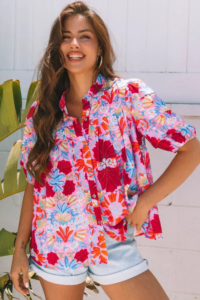 Pink Floral Print Bubble Sleeve Button Up Pleated Shirt - Love Salve